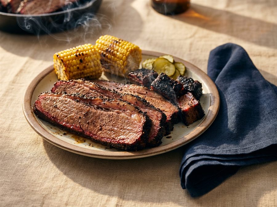 Sliced wood-smoked BBQ brisket with grilled corn